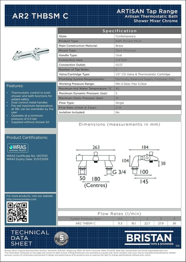 91QRpE0WGQL._AC_SL1500_.jpg Bristan Artisan AR2 THBSM C Thermostatic Bath Shower Mixer Tap - Chrome Plated