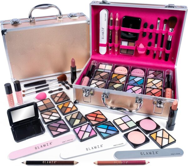Glamza 84 Piece "Hot to Handle" Vegan Vanity Case - Full Aluminium Frame - Pink Lining - Premium Makeup Set with Eyeshadows, Brushes, Lip Gloss & More