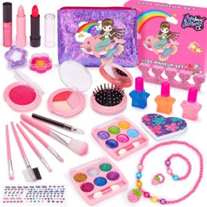Chennyfun Girls Washable Makeup Set, 26PCS Real Safe Non Toxic Make up Set, Cosmetic Beauty Toys Kit Princess Accessories Set Role Play Gift for Kids Little Girls Children Age 3+ with Pink Mermaid Bag