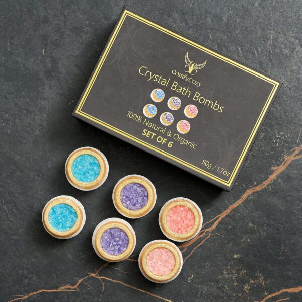 ComfyCozy Crystal Bath Bombs Luxury Gift Set | Relaxation Beauty Pamper Self Care Birthday Gifts for Women Mum Her Him Anniversary | 6 * 50g Vegan Organic Bathbombs | Relaxing Hamper Spa Bomb Package