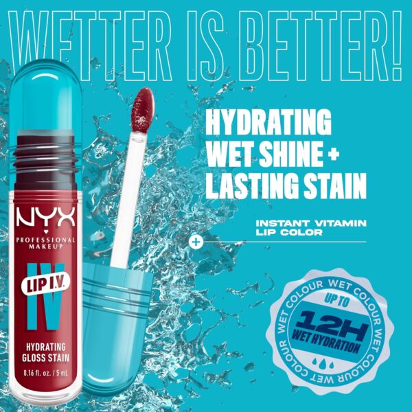 NYX Professional Makeup Lip IV Hydrating Gloss Stain, Lip Gloss, Up to 12HR Hydration, High Pigment, Wet Shine Finish, Berry Thirsty