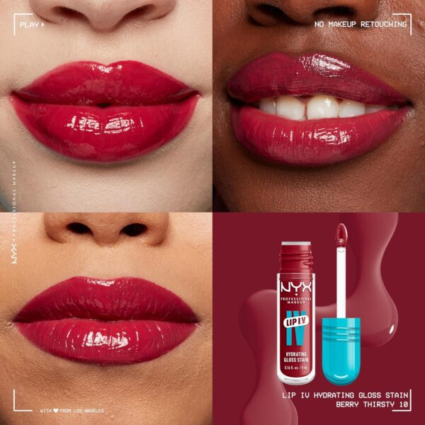 NYX Professional Makeup Lip IV Hydrating Gloss Stain, Lip Gloss, Up to 12HR Hydration, High Pigment, Wet Shine Finish, Berry Thirsty