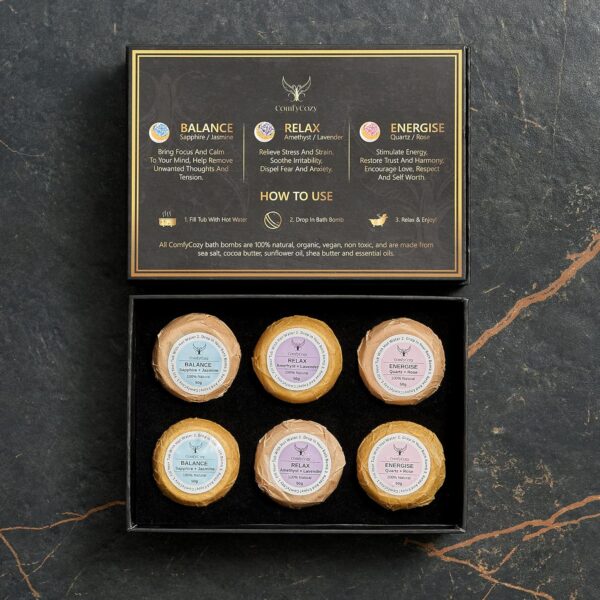ComfyCozy Crystal Bath Bombs Luxury Gift Set | Relaxation Beauty Pamper Self Care Birthday Gifts for Women Mum Her Him Anniversary | 6 * 50g Vegan Organic Bathbombs | Relaxing Hamper Spa Bomb Package