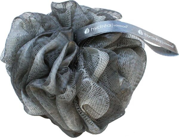 Hydréa London Grey Shower Puff, Large Exfoliating Bath Loofah, Mesh Sponge - Premium Quality, Luxurious Lather, Gentle Exfoliation for Men & Women
