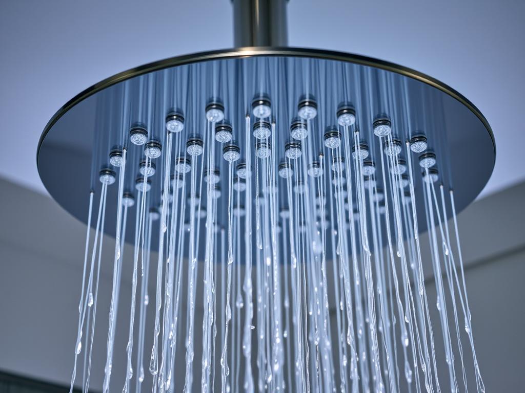 A luxury rainfall showerhead with water flowing A luxury rainfall showerhead with water flowing