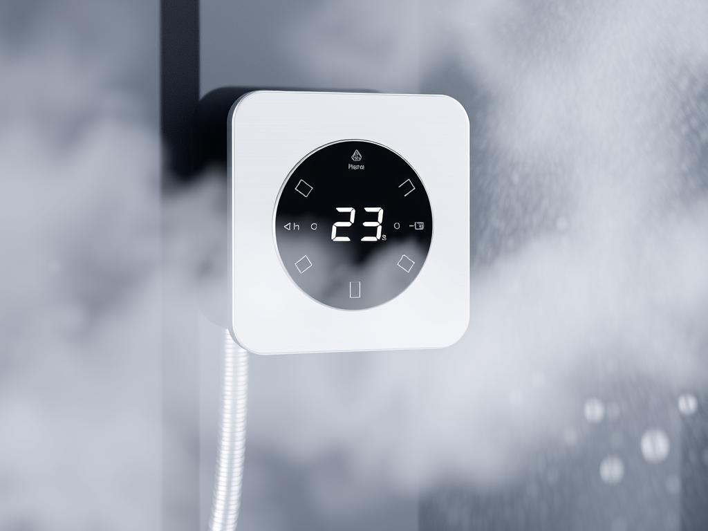 A modern thermostatic shower control panel with steam rising A modern thermostatic shower control panel with steam rising