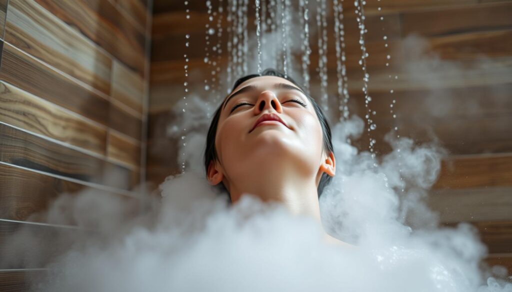 A person enjoying a mindful moment in a steam-filled shower A person enjoying a mindful moment in a steam-filled shower