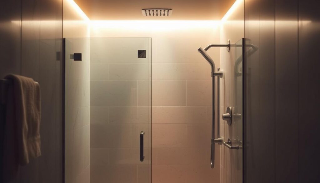 A shower with ambient lighting creating a relaxing atmosphere A shower with ambient lighting creating a relaxing atmosphere