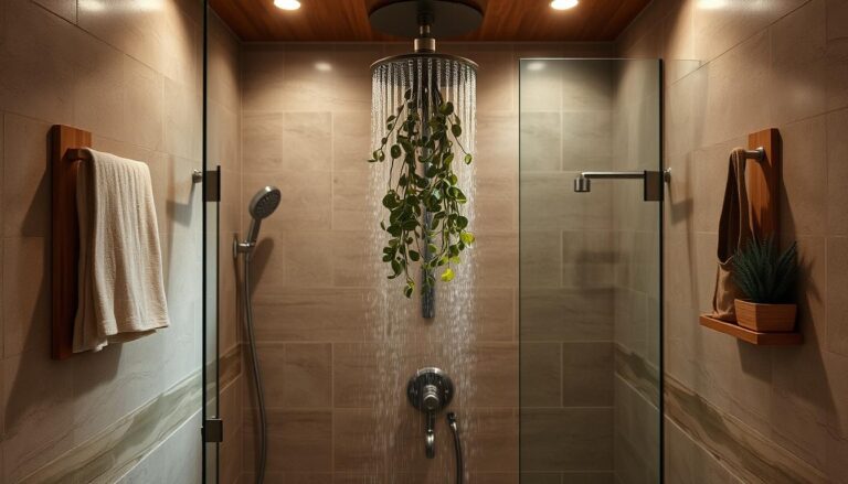 A spa-like shower with rainfall showerhead, eucalyptus, and natural stone elements