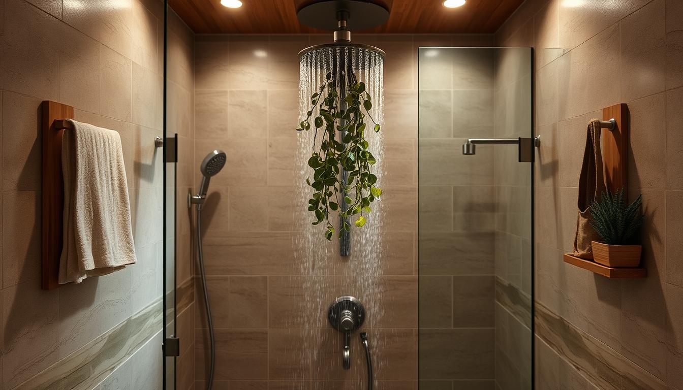 A spa-like shower with rainfall showerhead, eucalyptus, and natural stone elements