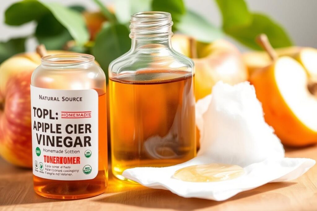 Apple cider vinegar toner in a glass bottle with cotton pad Apple cider vinegar toner in a glass bottle with cotton pad