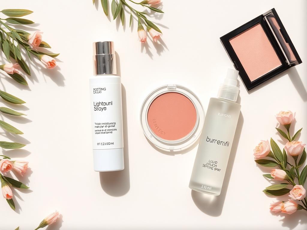 Array of lightweight makeup products for natural makeup look no cakey effect