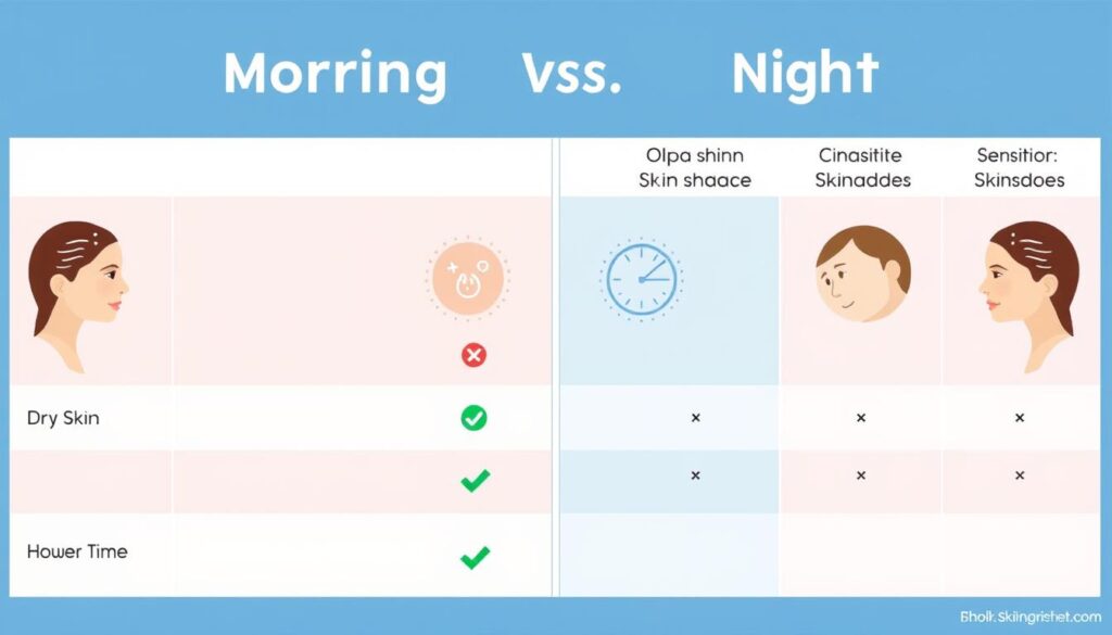 Comparison chart showing effects of morning vs night shower for skin types