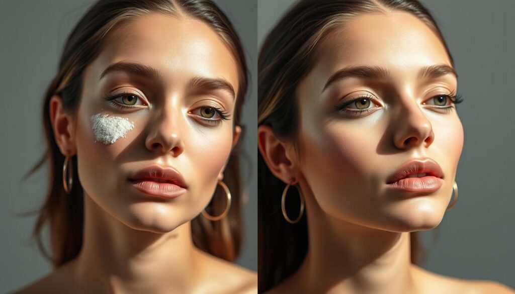 Demonstration of powder minimalism technique for natural makeup look no cakey effect