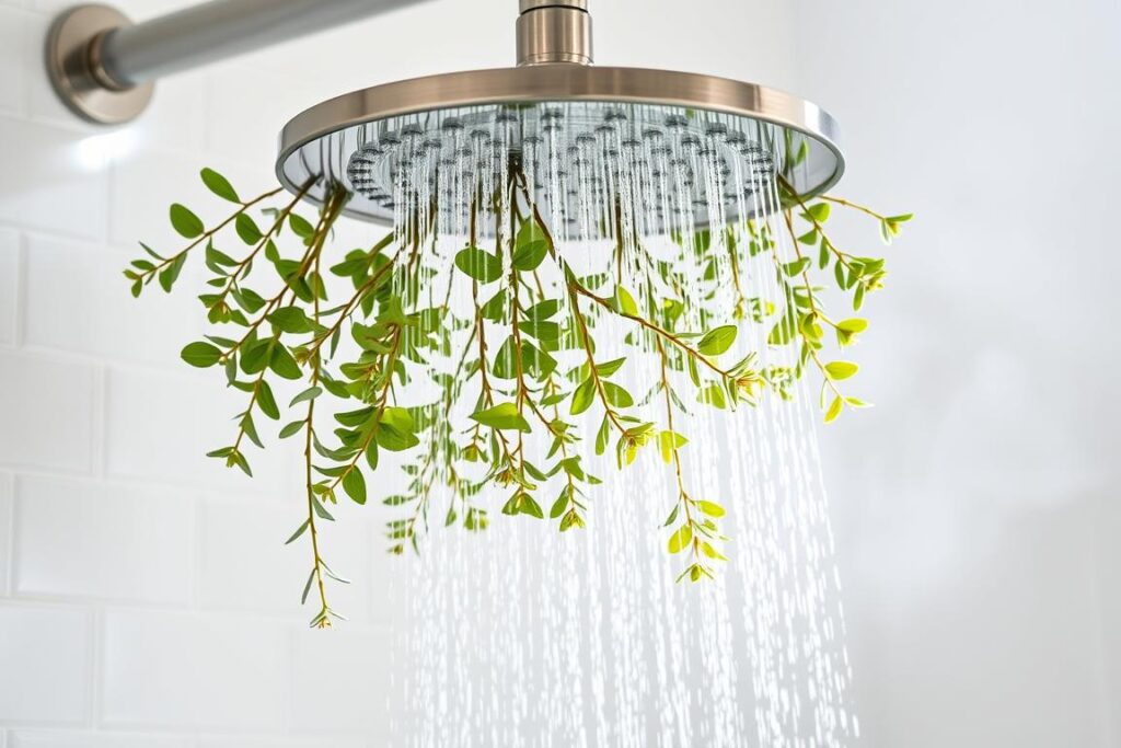 Fresh eucalyptus hanging from a shower head with steam rising Fresh eucalyptus hanging from a shower head with steam rising