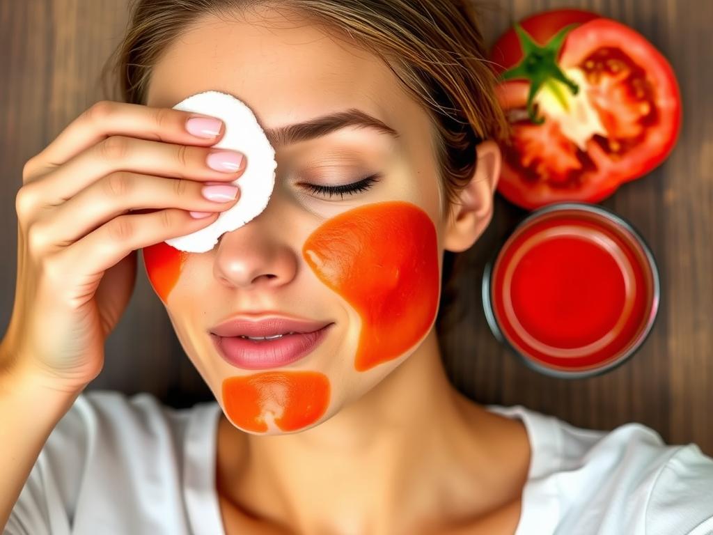 Fresh tomato juice being applied to face to reduce pores Fresh tomato juice being applied to face to reduce pores