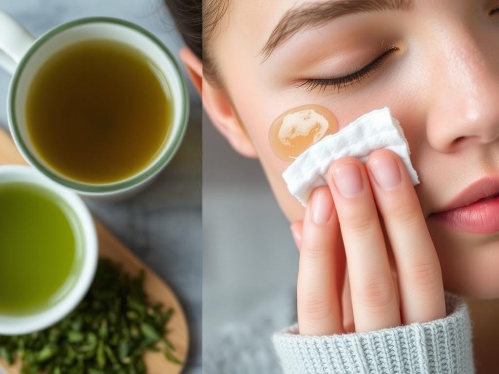 Green tea compress being applied to face to reduce pores Green tea compress being applied to face to reduce pores