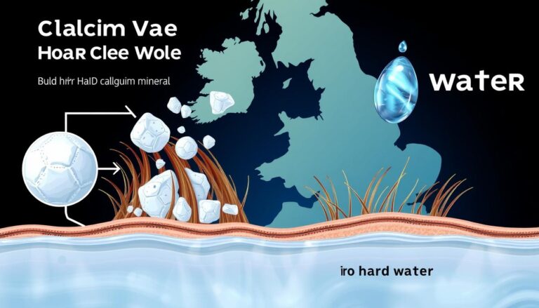 Illustration showing mineral deposits in hard water affecting hair strands