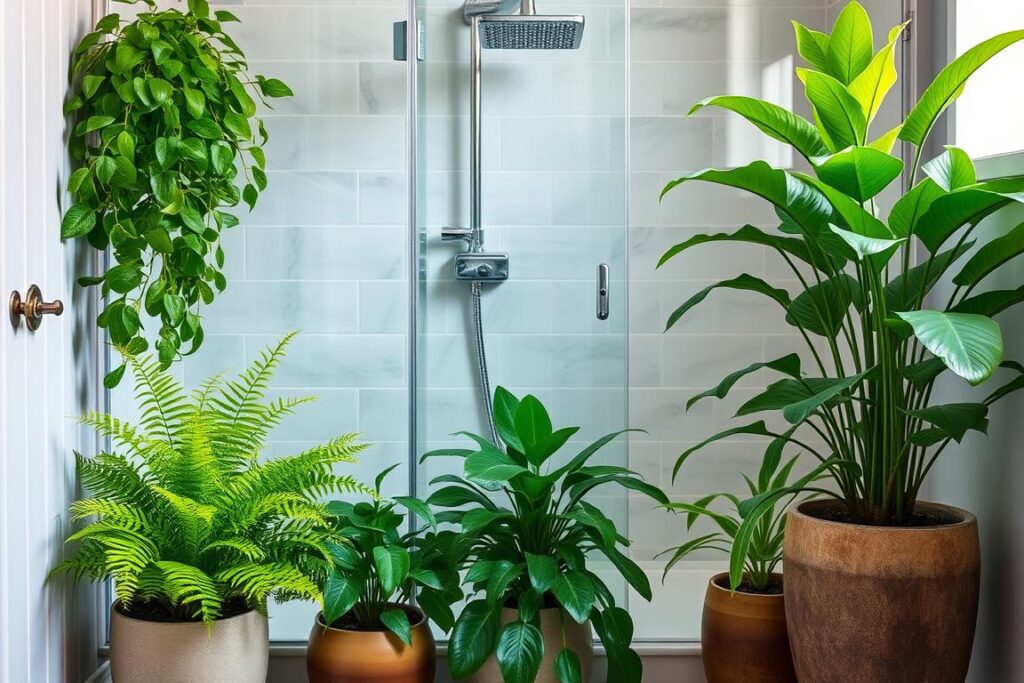 Lush green plants in a bathroom creating a spa-like atmosphere Lush green plants in a bathroom creating a spa-like atmosphere