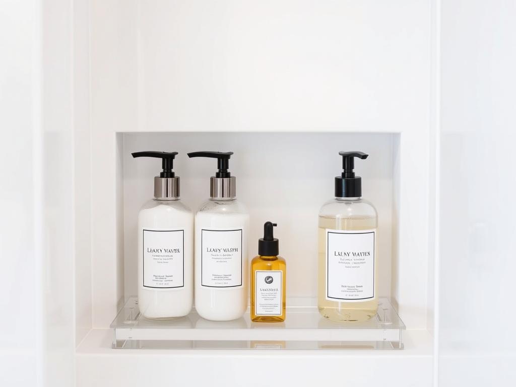 Luxury shower products in elegant dispensers arranged in a shower niche Luxury shower products in elegant dispensers arranged in a shower niche