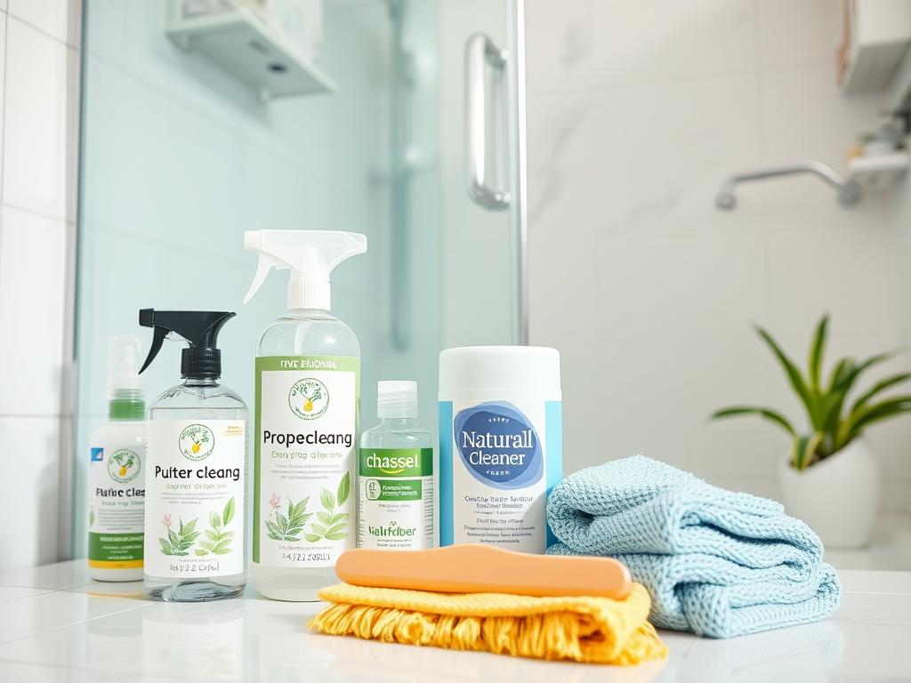 Natural cleaning products and maintenance tools for a spa-like shower Natural cleaning products and maintenance tools for a spa-like shower