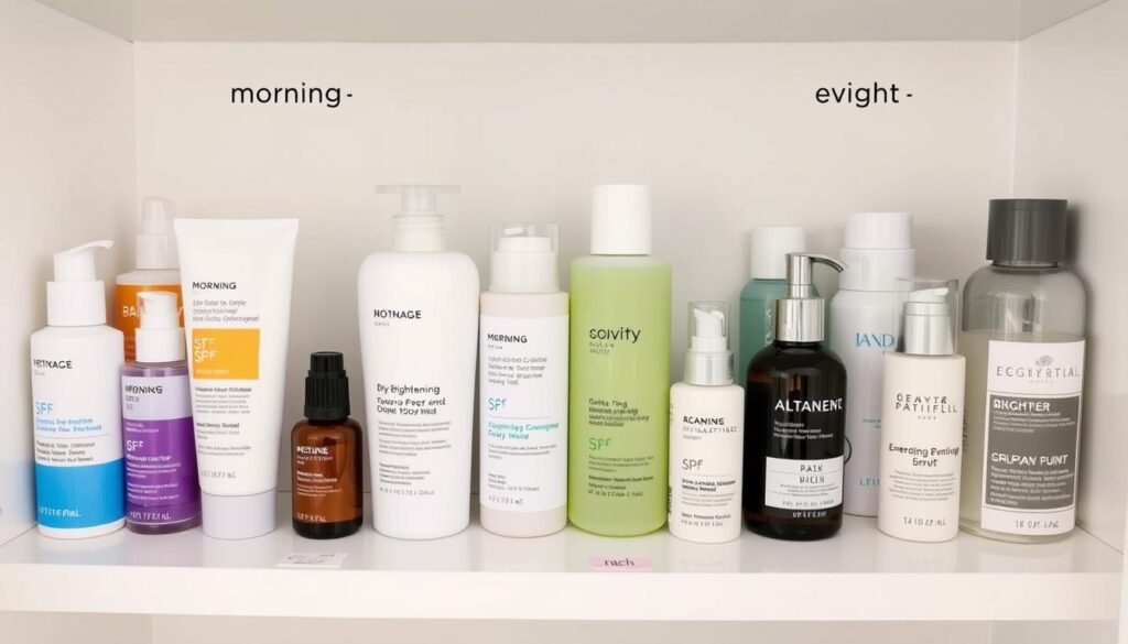 Organized bathroom shelf with morning and night skincare products Organized bathroom shelf with morning and night skincare products