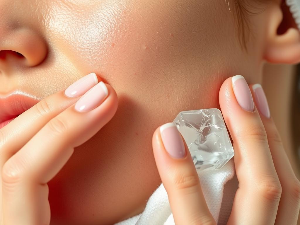 Person applying ice cube to face to reduce large pores naturally at home Person applying ice cube to face to reduce large pores naturally at home