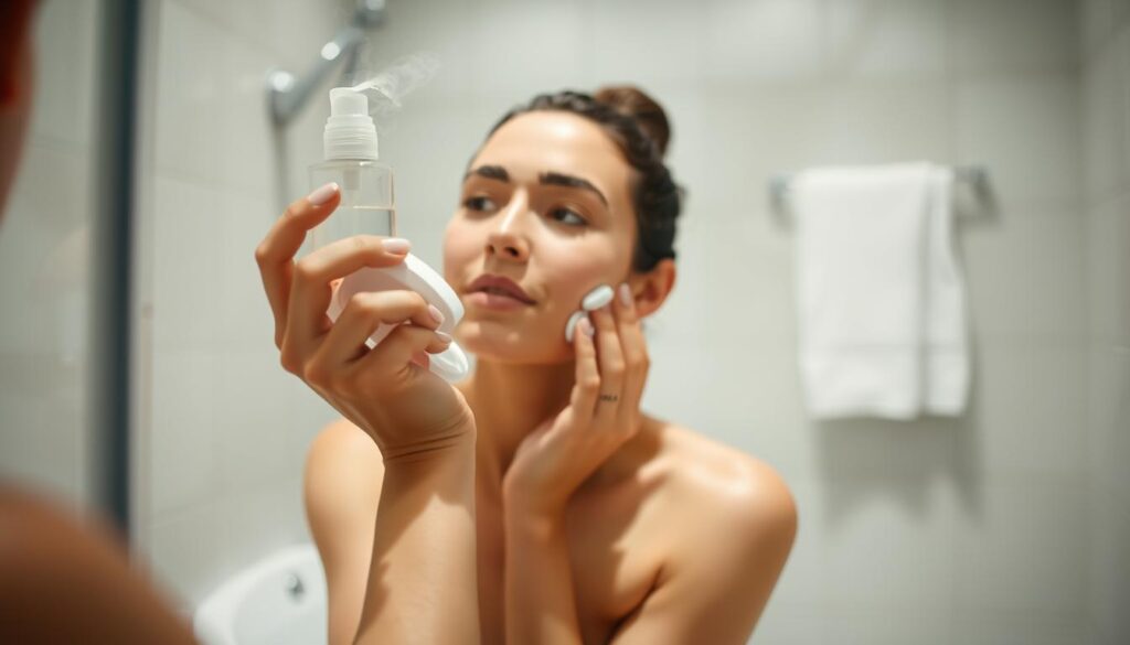 Person applying skincare products after shower in bathroom setting Person applying skincare products after shower in bathroom setting