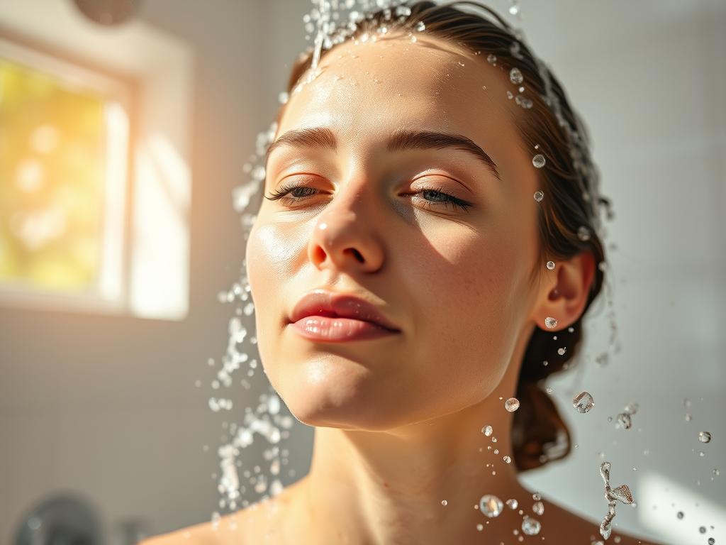 Person enjoying a refreshing morning shower with sunlight streaming through bathroom window Person enjoying a refreshing morning shower with sunlight streaming through bathroom window