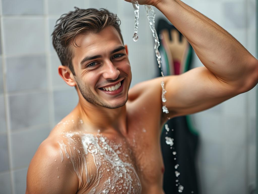 Person showering after workout with focus on skin cleansing Person showering after workout with focus on skin cleansing