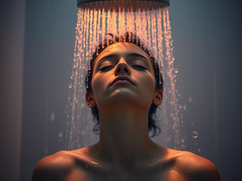 Person taking a relaxing evening shower with steam and soft lighting Person taking a relaxing evening shower with steam and soft lighting
