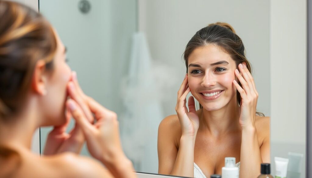 Person with healthy glowing skin examining their complexion in bathroom mirror Person with healthy glowing skin examining their complexion in bathroom mirror