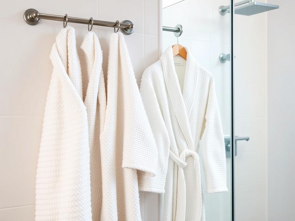 Plush white towels and a waffle weave robe hanging near a shower Plush white towels and a waffle weave robe hanging near a shower