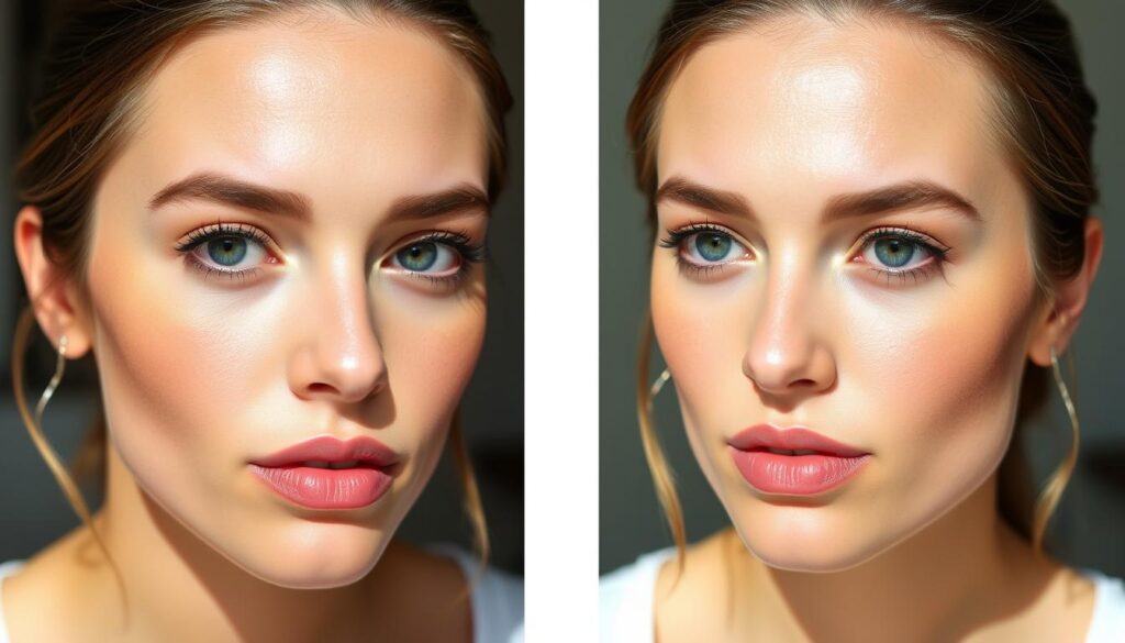 Side-by-side comparison of cakey versus natural makeup look no cakey effect