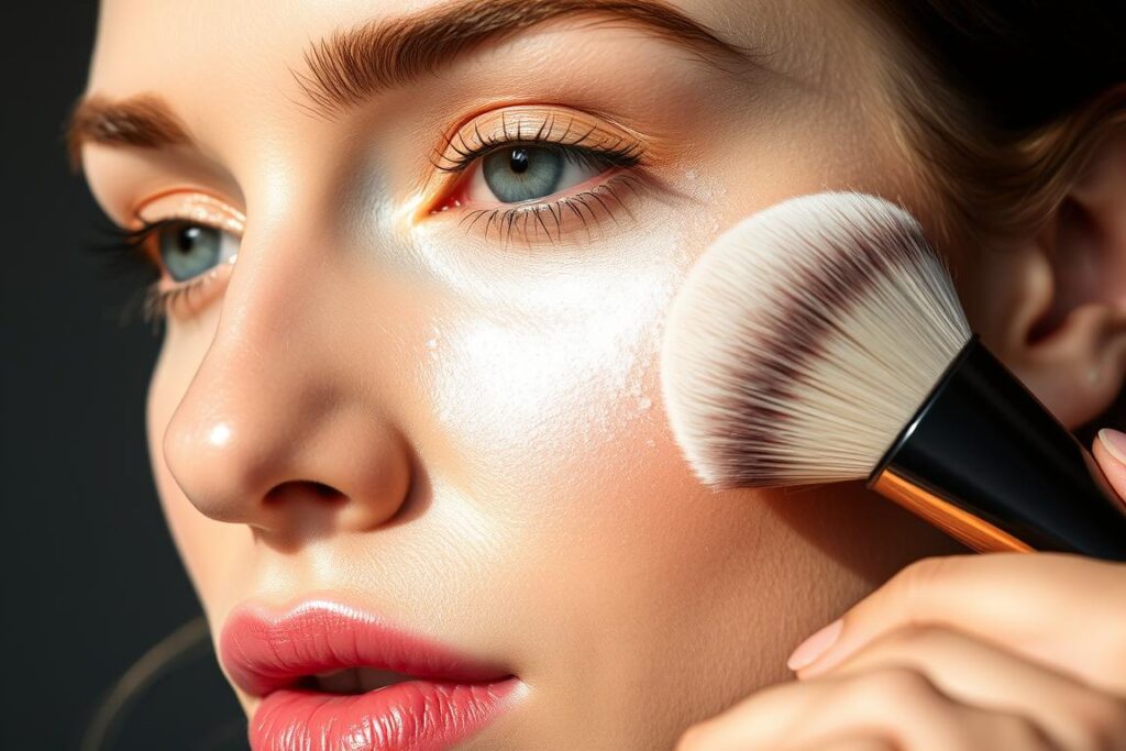 T-zone powder application technique for natural makeup look no cakey effect