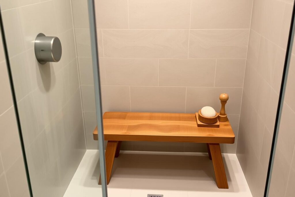 Teak shower bench and wooden accessories in a modern shower Teak shower bench and wooden accessories in a modern shower