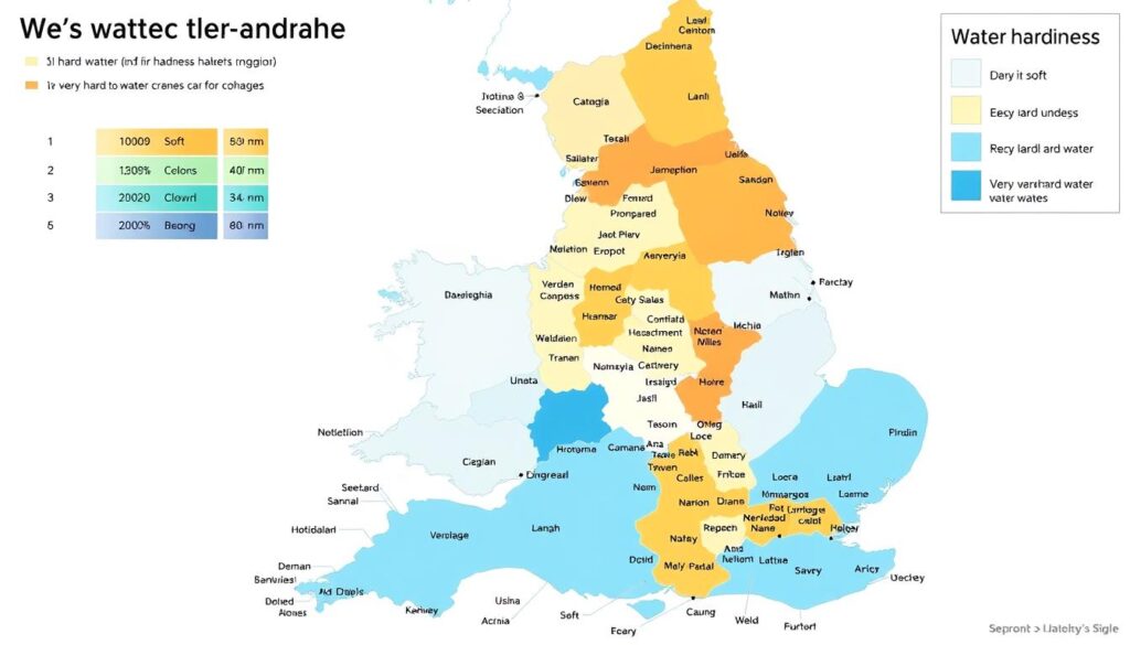 UK hard water map showing regional water hardness levels