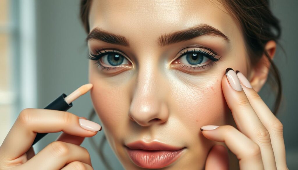 Woman applying concealer only where needed for natural makeup look no cakey effect