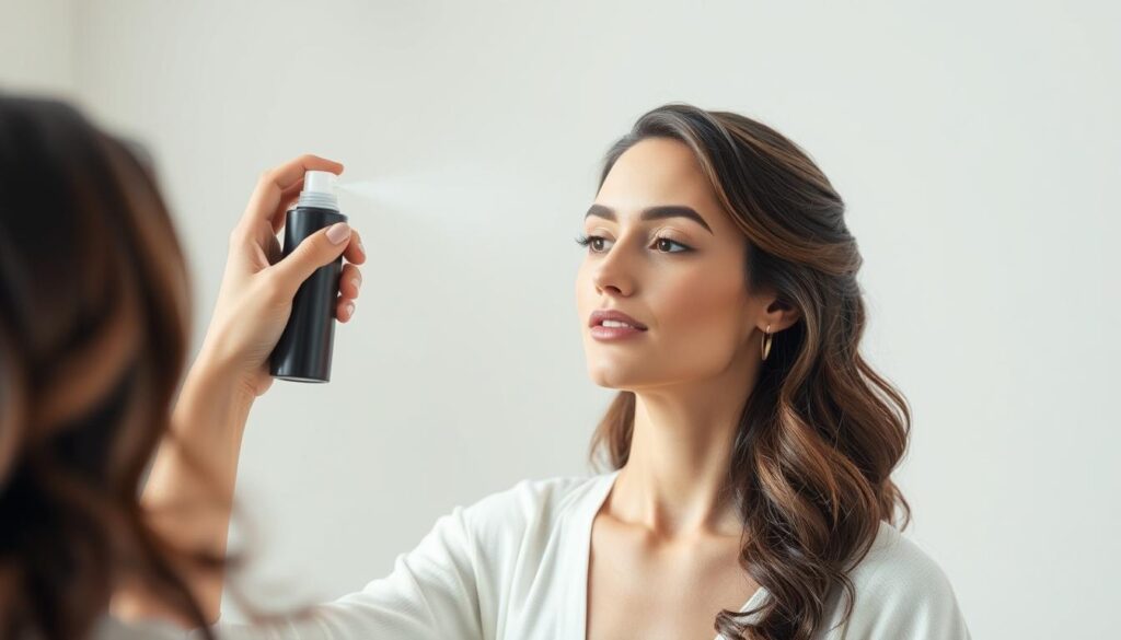 Woman applying setting spray for natural makeup look no cakey effect
