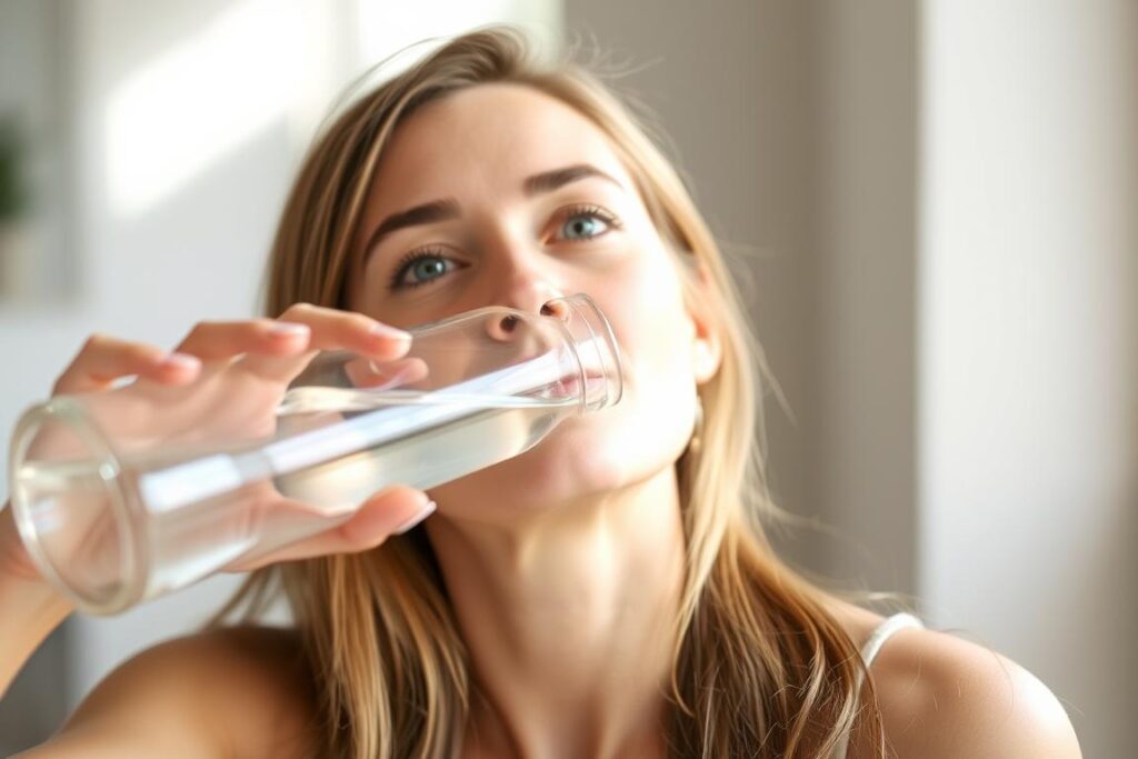 Woman drinking water to maintain hydration for healthy hair