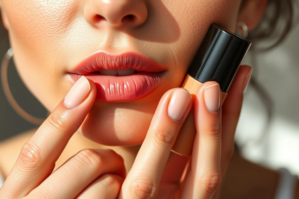 Woman using fingertips to apply foundation for natural makeup look no cakey effect