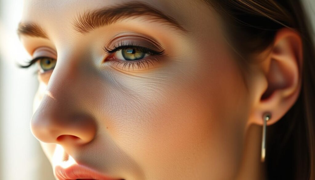 Woman with dewy, glowing skin showing natural makeup look no cakey effect