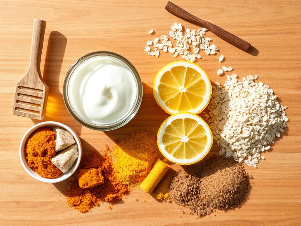 Natural ingredients for skin exfoliation including honey, yogurt, and oatmeal arranged on a wooden surface