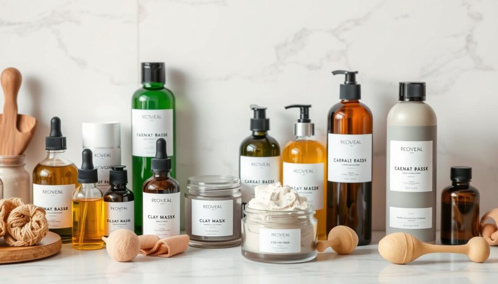 Organized natural skincare products for a weekly routine to combat dull skin