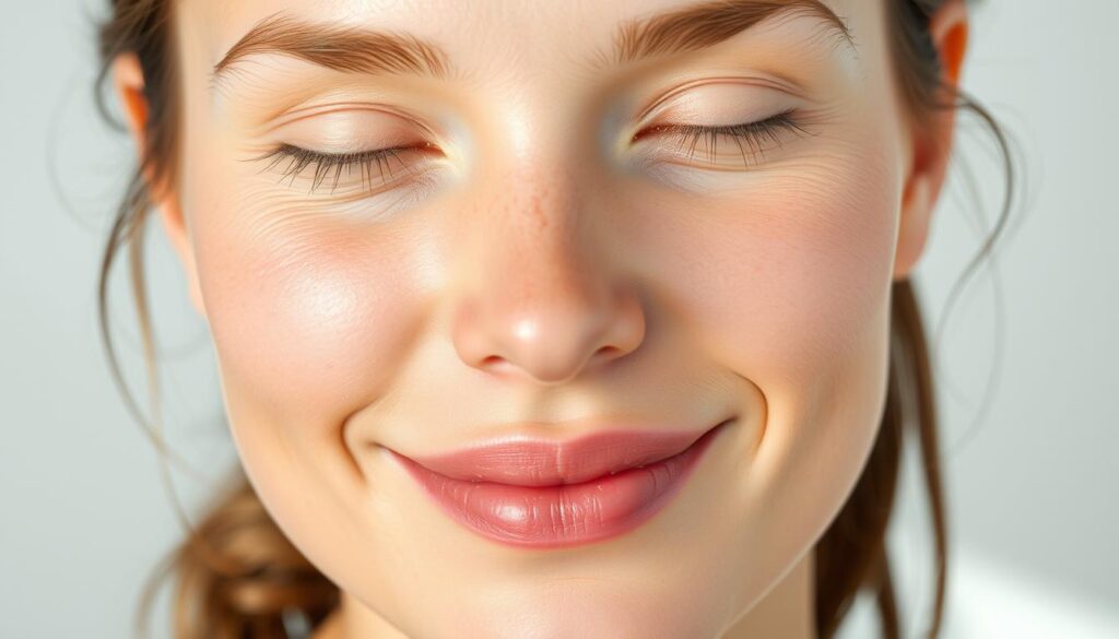 Person with clear skin after double cleansing routine