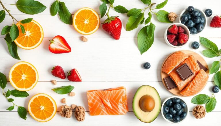Various nutrients essential for glowing skin including vitamin C rich foods, omega-3 sources, and antioxidant-rich berries