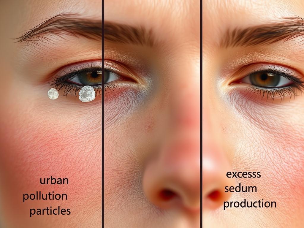 Visual representation of skin impurities from pollution, makeup, and sebum