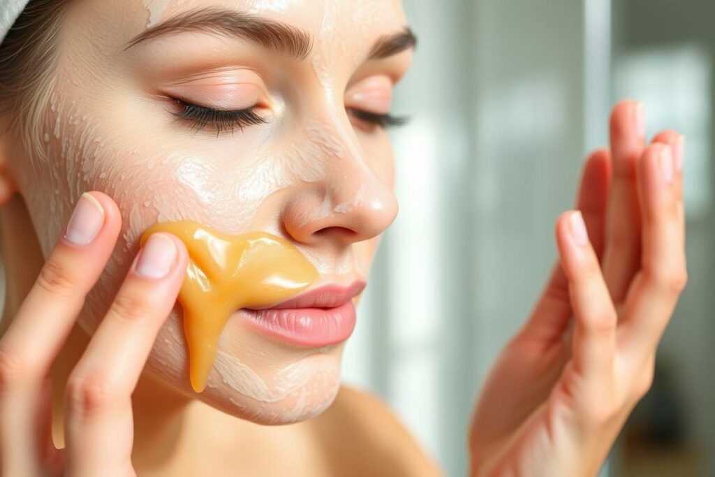 Woman applying homemade honey and oatmeal face mask to get rid of dull skin naturally