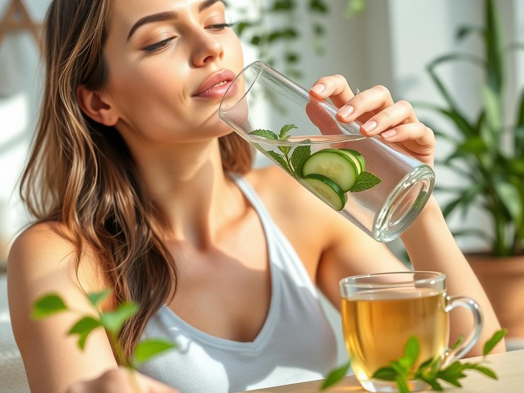 Woman drinking water and herbal tea for skin hydration