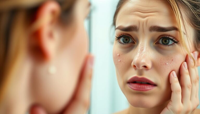 Woman examining skin purging on her face in mirror